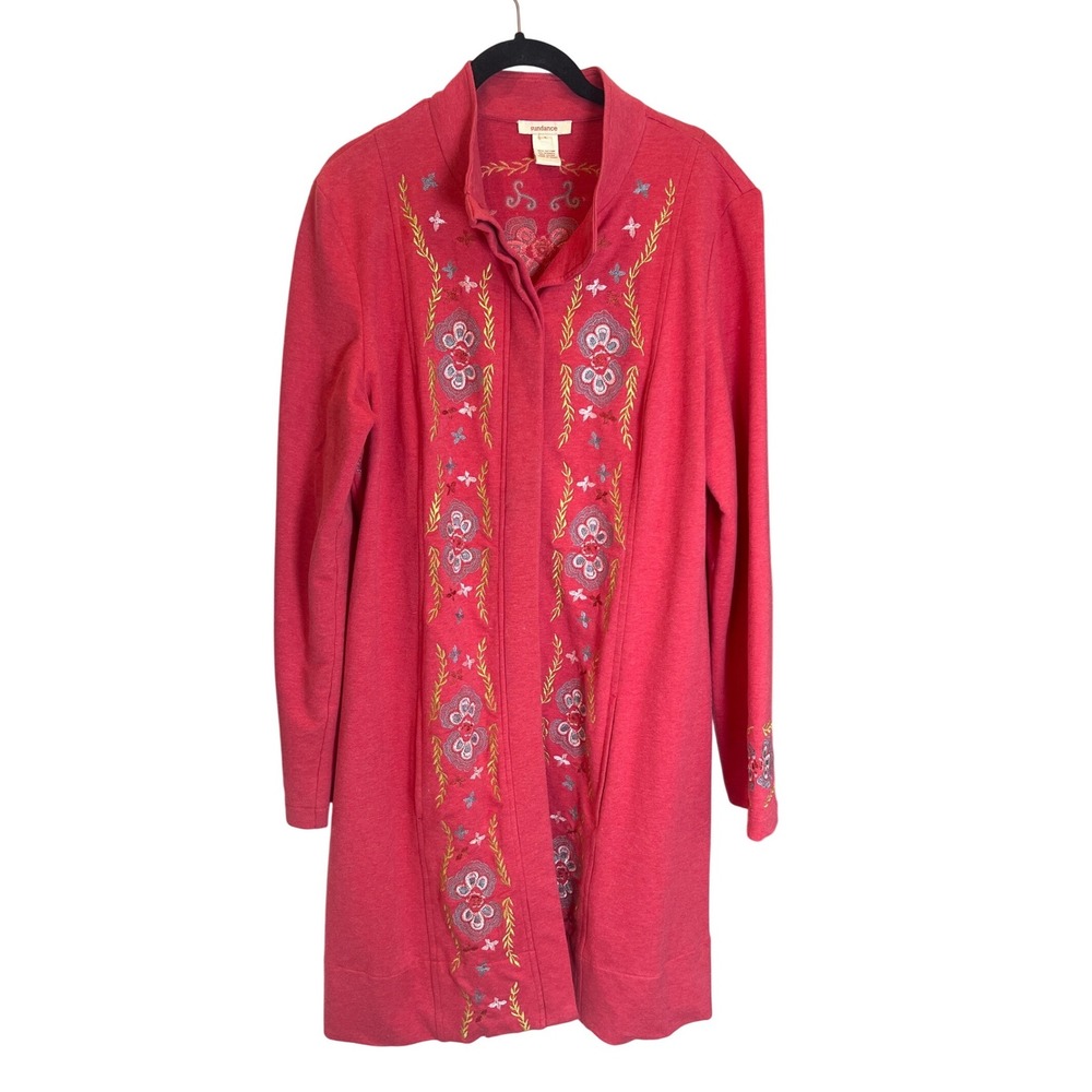 Sundance Pink Embroidered Longline Cardigan Jacket Cotton French Terry Larg Boho